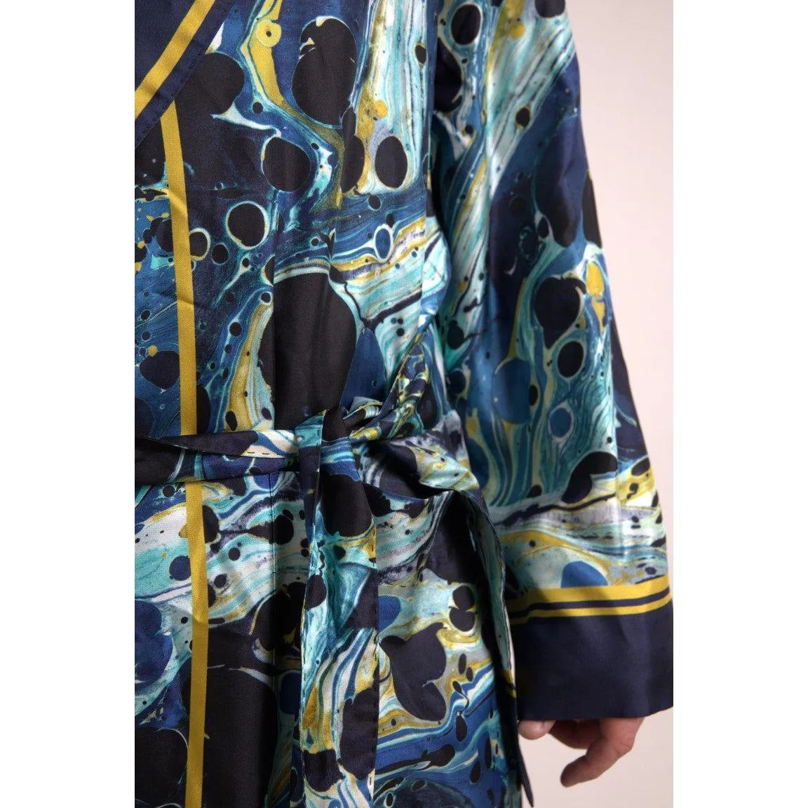 Dolce & Gabbana Marble Blue Silk Long Robe Luxury Sleepwear