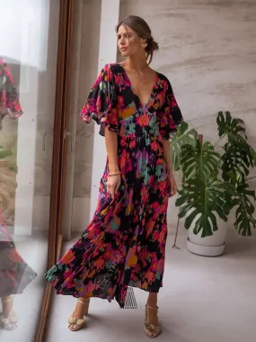 FashionSierra - 2024 Floral V-neck Self Belted Cotton Summer Boho Dress