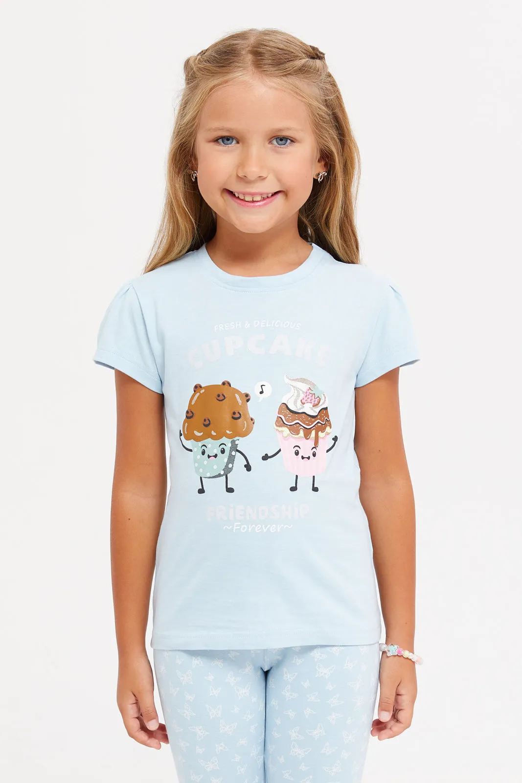 Girls Blue Cup Cake Print T-Shirt