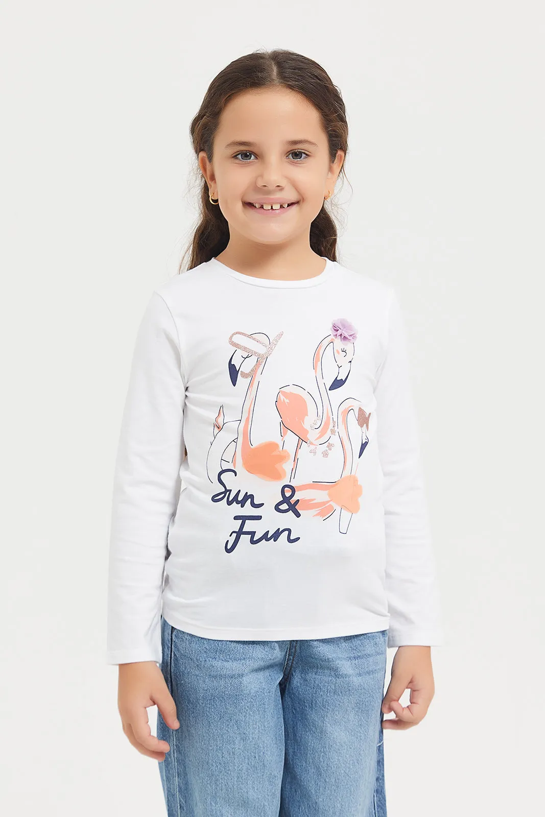 Girls White Sequins T-Shirt