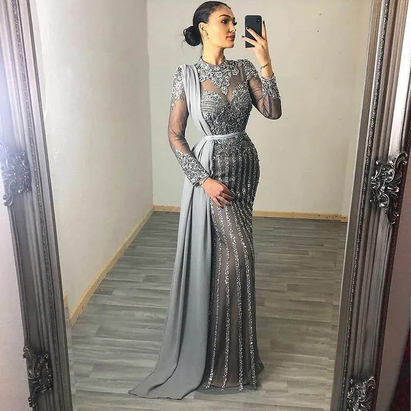 Gray Muslim Rhinestones Evening Dresses