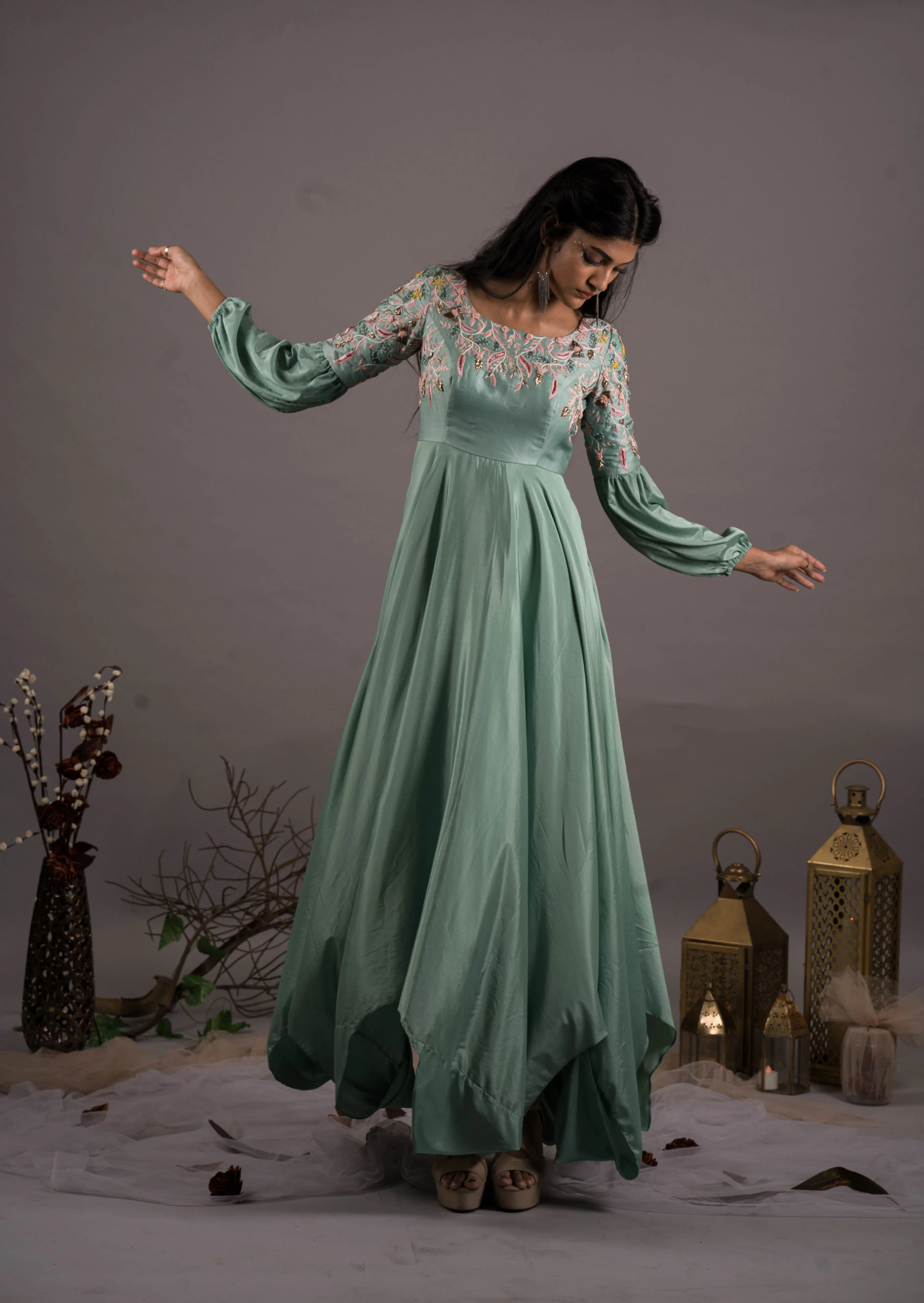 Honey Dew Gown with Lantern Sleeves