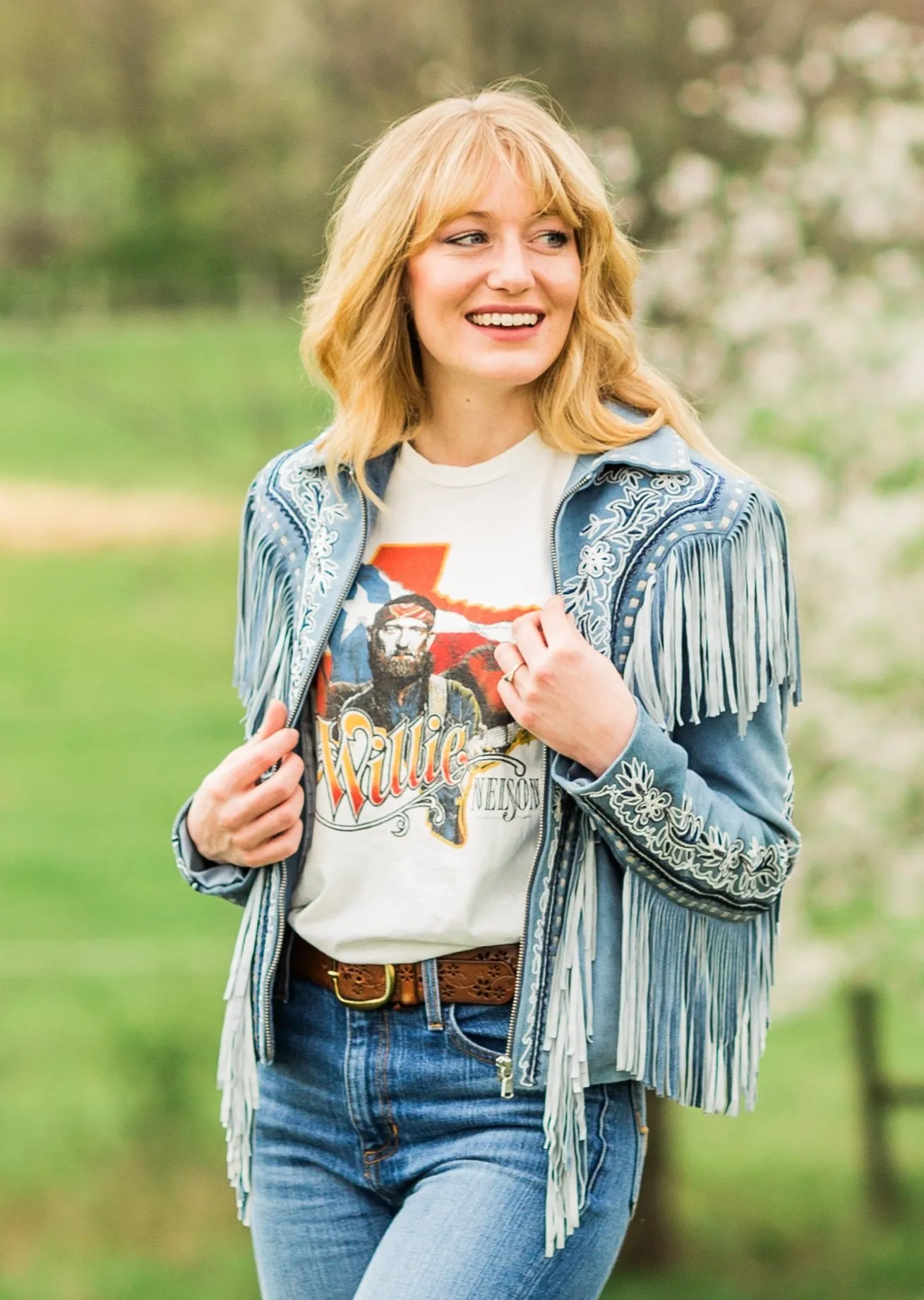 Jacket, Beaded Denim Blue Leather with Embroidery & Fringe - Style L1120