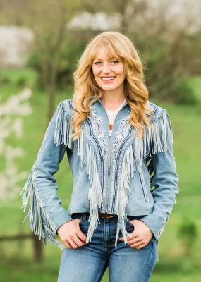 Jacket, Beaded Denim Blue Leather with Embroidery & Fringe - Style L1120