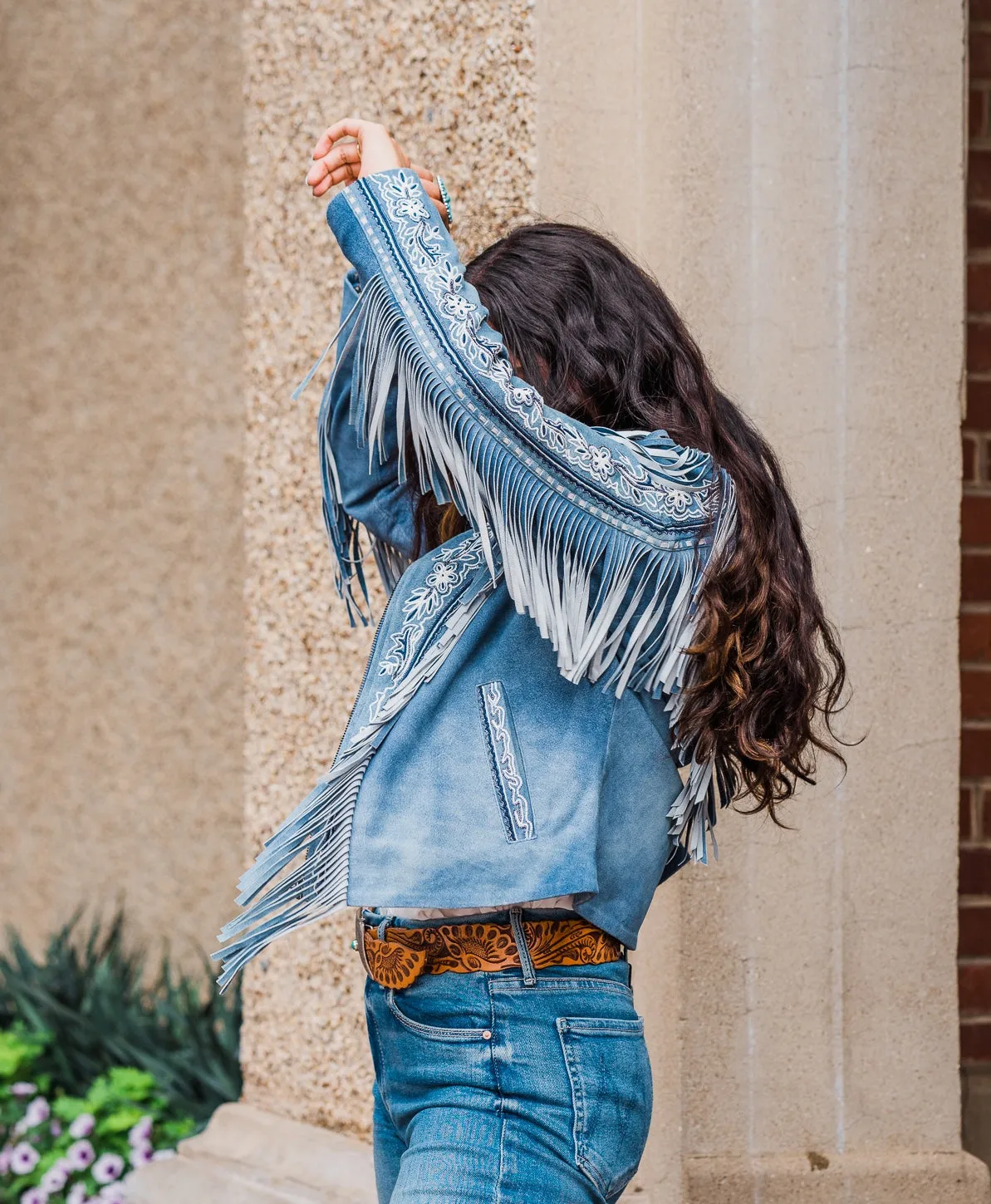 Jacket, Beaded Denim Blue Leather with Embroidery & Fringe - Style L1120