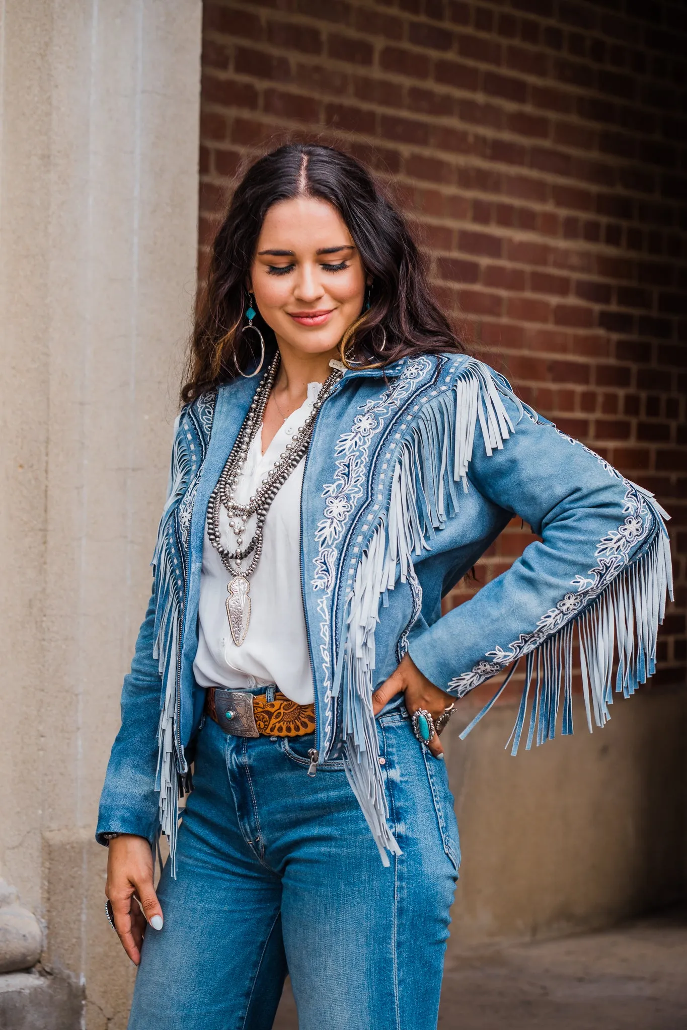 Jacket, Beaded Denim Blue Leather with Embroidery & Fringe - Style L1120