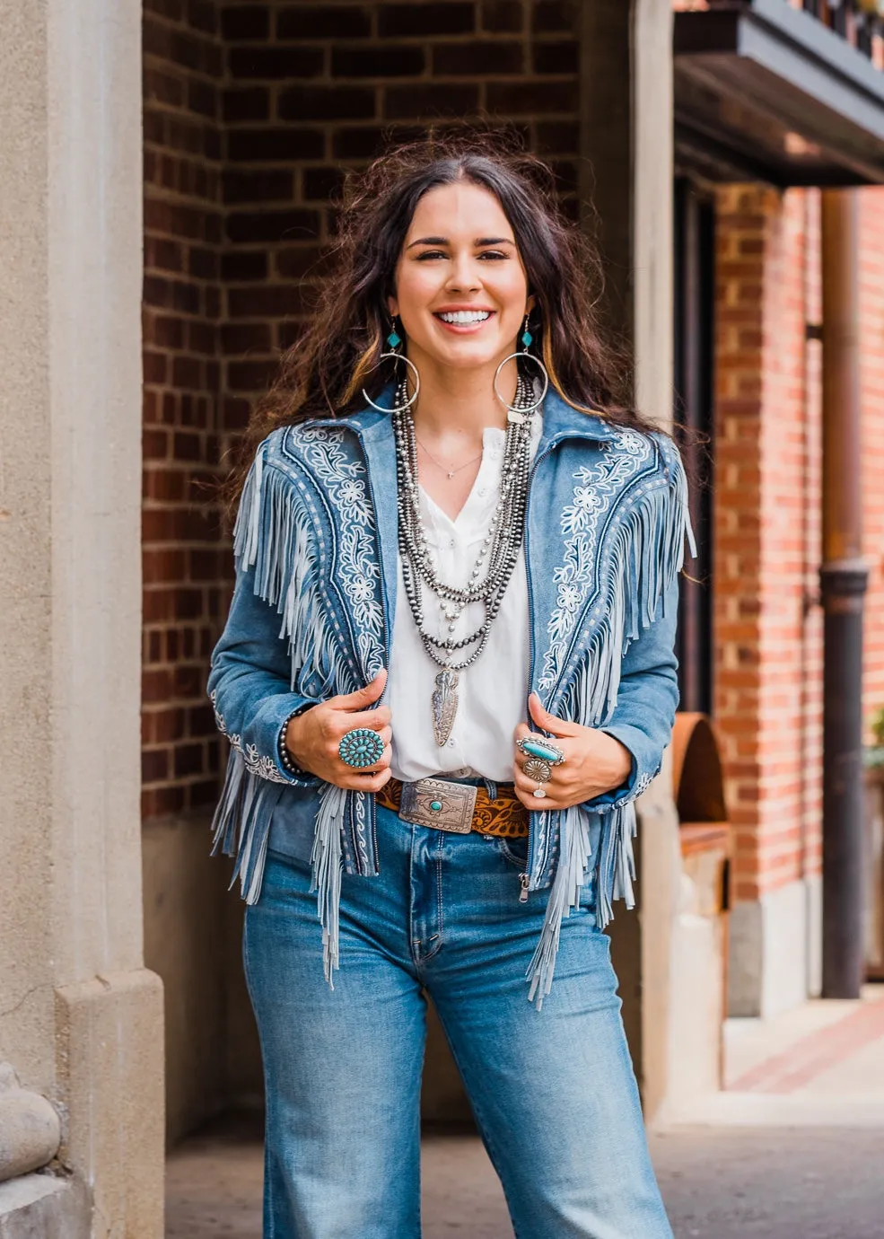 Jacket, Beaded Denim Blue Leather with Embroidery & Fringe - Style L1120