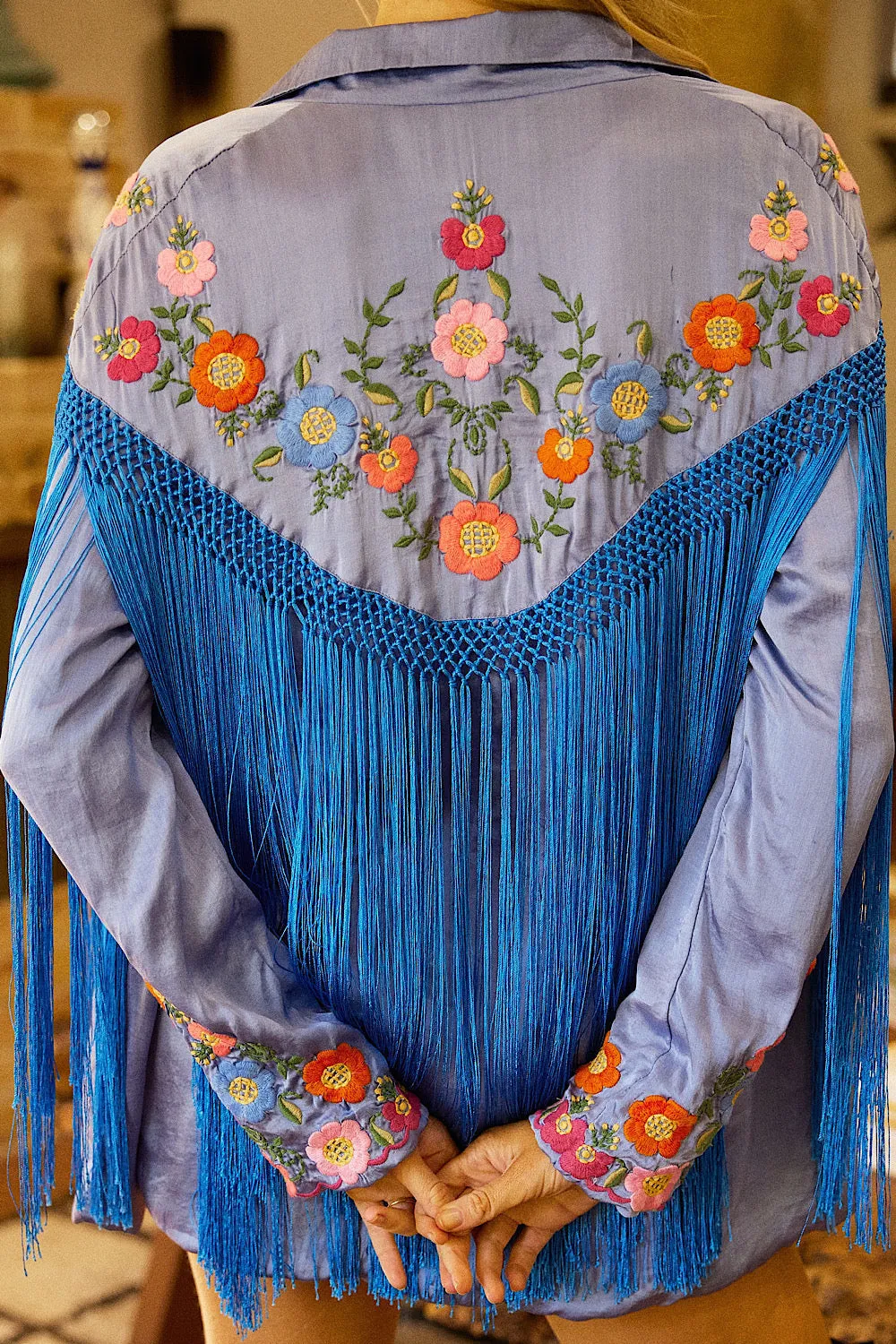 Jolene Silk, Embroidered   Fringe Blazer