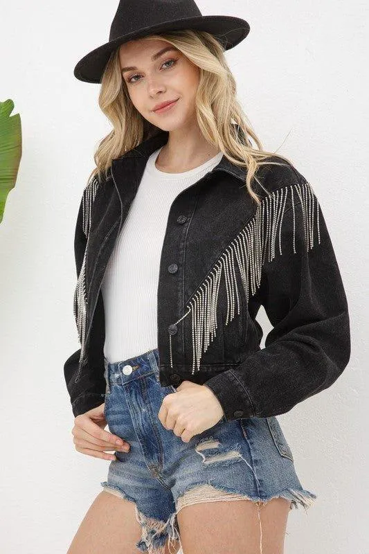 Kendal Rhinestone Fringe Denim Jacket