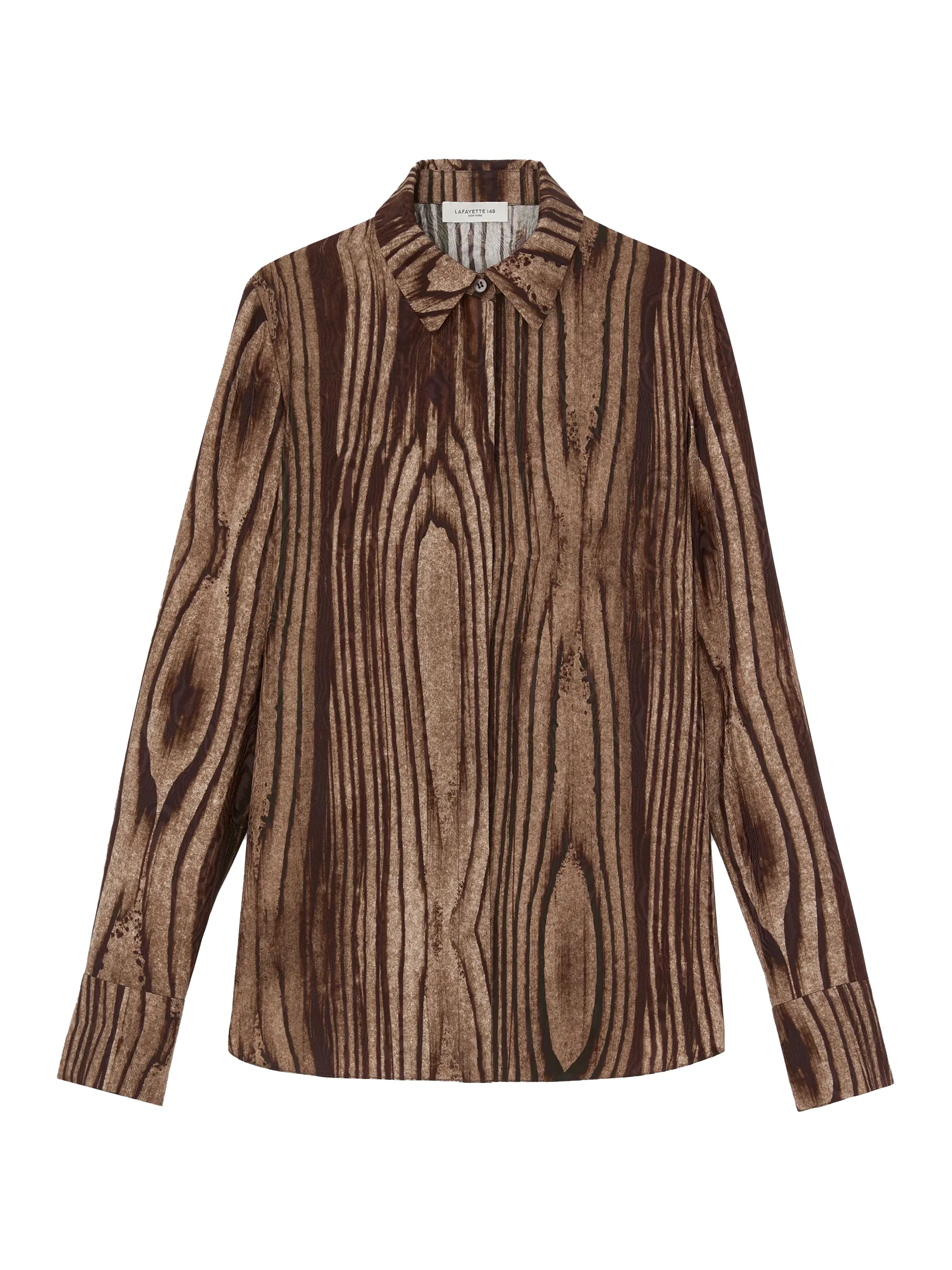 Lafayette 148 Wood Grain Print Silk Jacquard Button Blouse