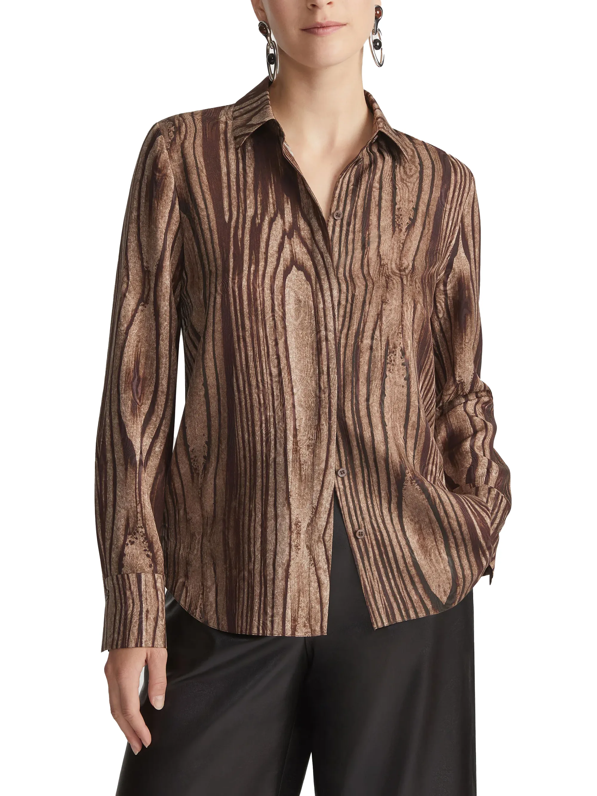 Lafayette 148 Wood Grain Print Silk Jacquard Button Blouse