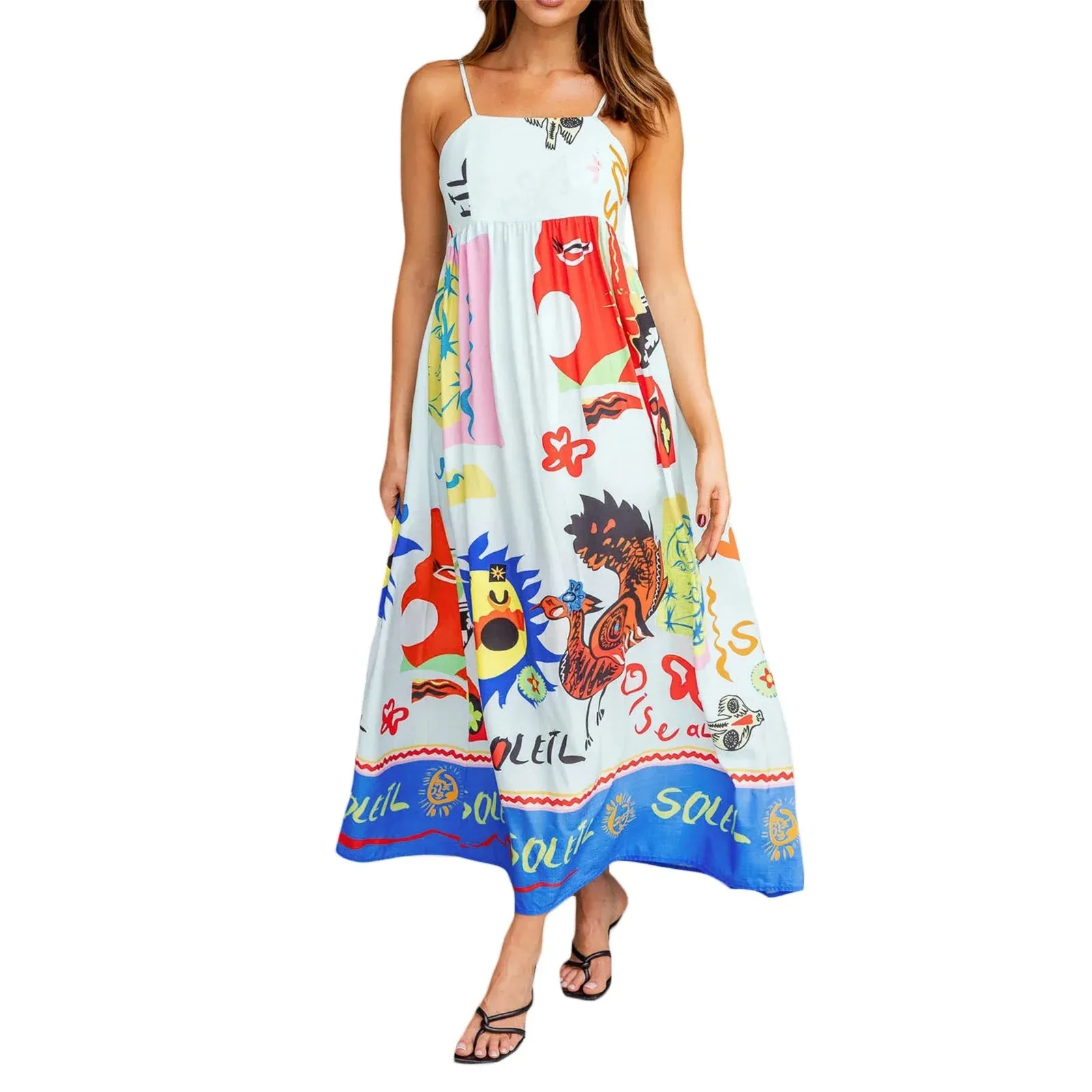 Long Graphic Print Spaghetti Straps A-line Loose Fit Holiday Beach Sun Summer Bohemian Dress