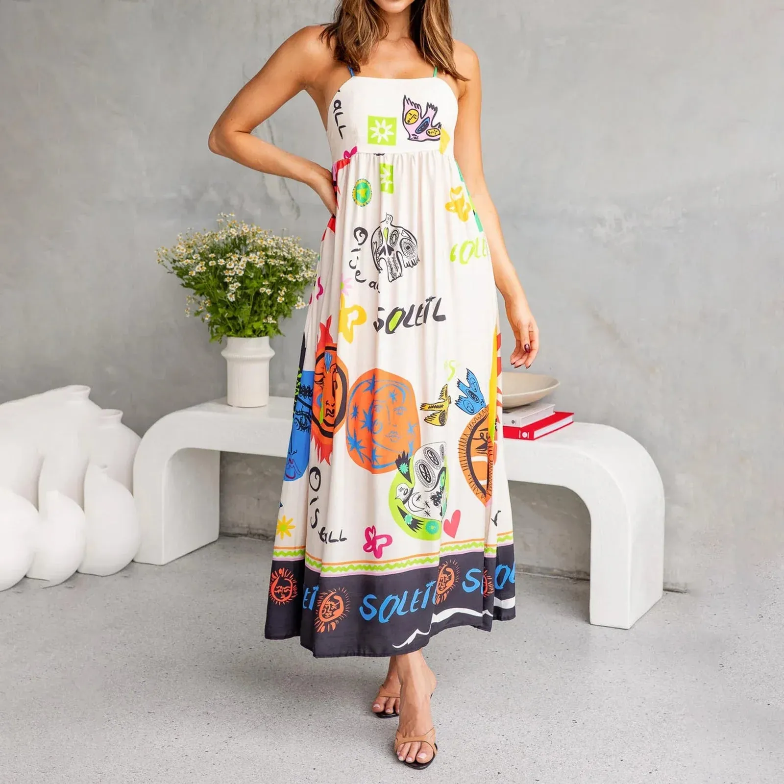 Long Graphic Print Spaghetti Straps A-line Loose Fit Holiday Beach Sun Summer Bohemian Dress