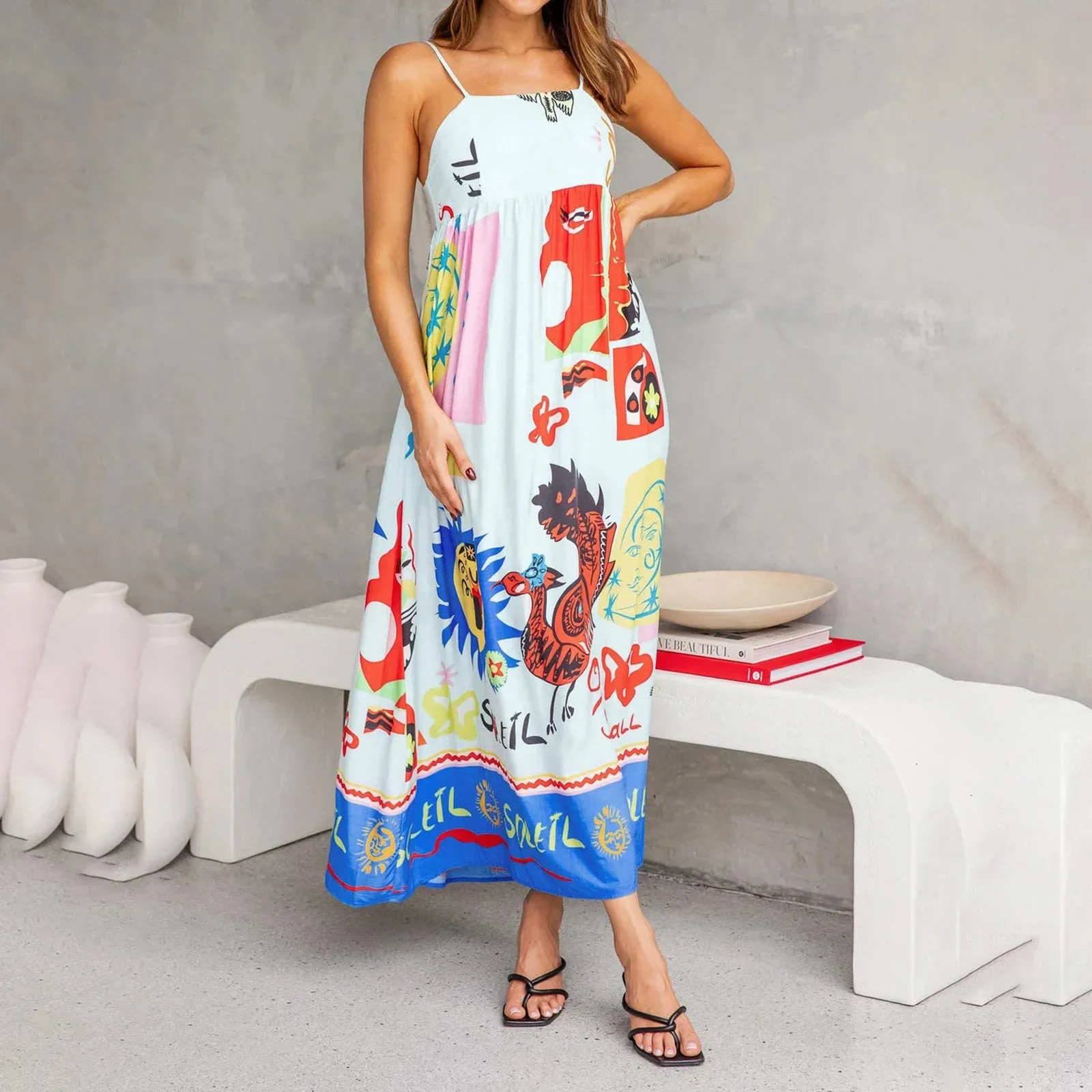 Long Graphic Print Spaghetti Straps A-line Loose Fit Holiday Beach Sun Summer Bohemian Dress