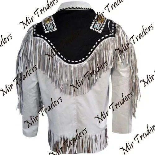 Men's Suede Fringe Jacket White Black Cow Hide Stylish Suede Jacket