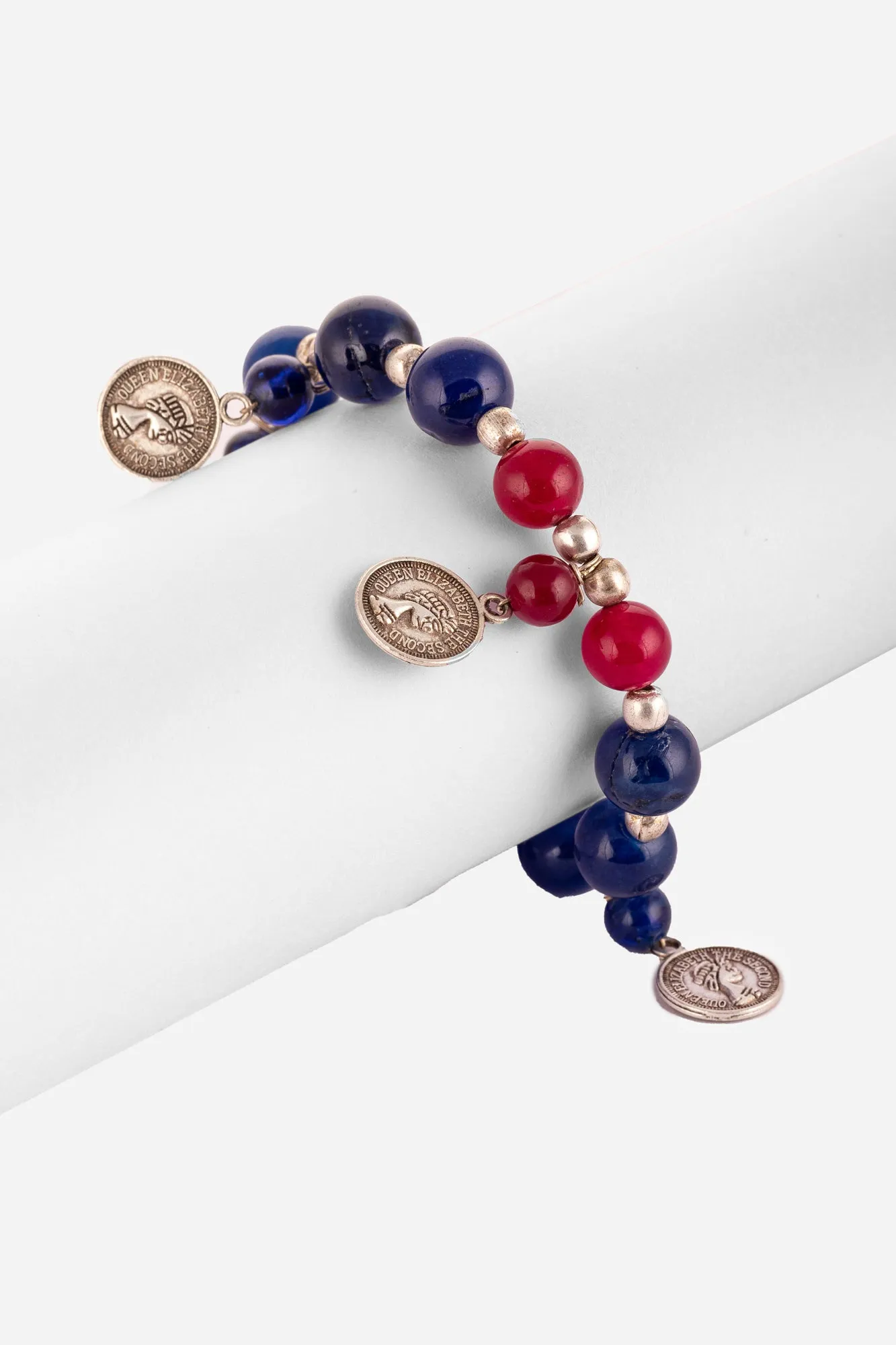 multi coloured beads bracelet with elizabeth coin charms