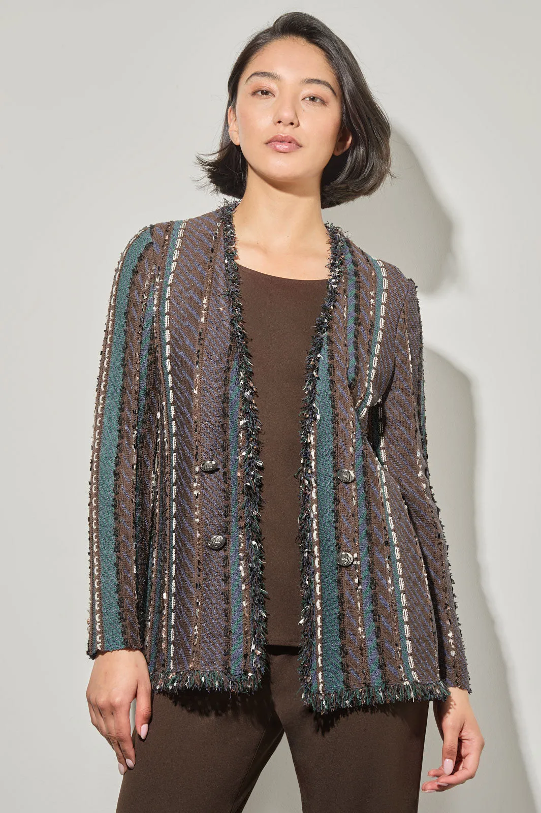 Plus Size Multi-Stitch Fringe Trim Knit Jacket