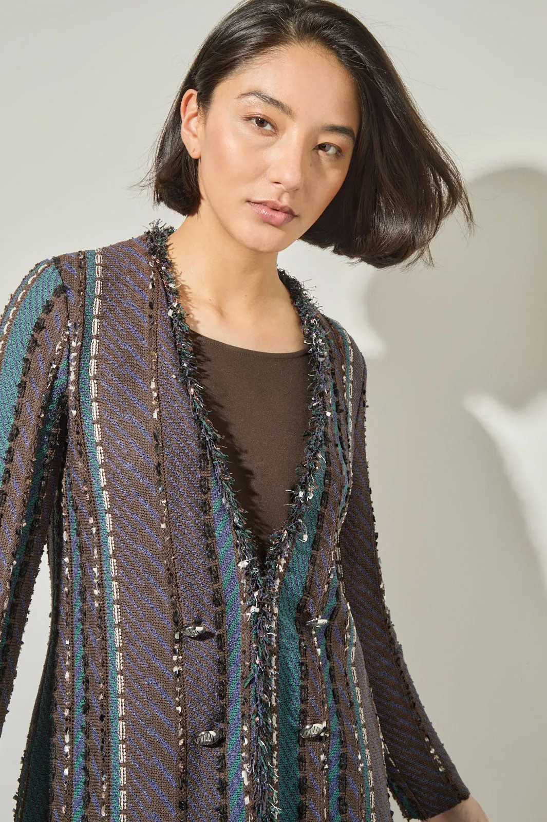 Plus Size Multi-Stitch Fringe Trim Knit Jacket