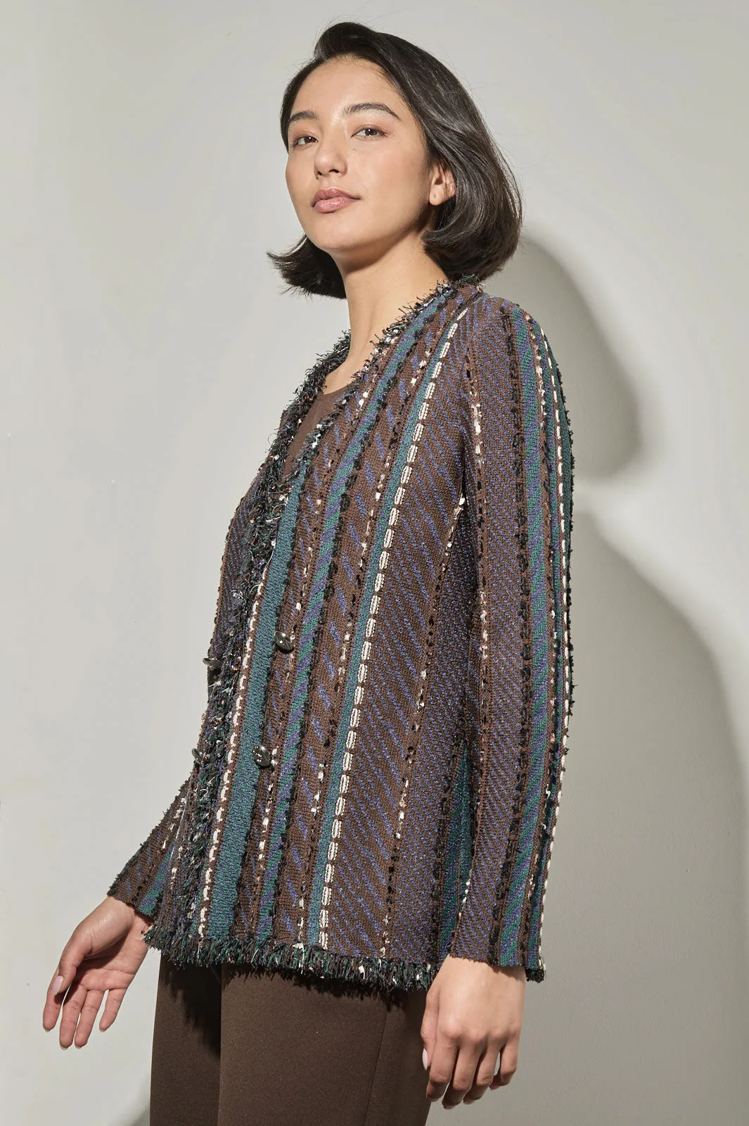 Plus Size Multi-Stitch Fringe Trim Knit Jacket