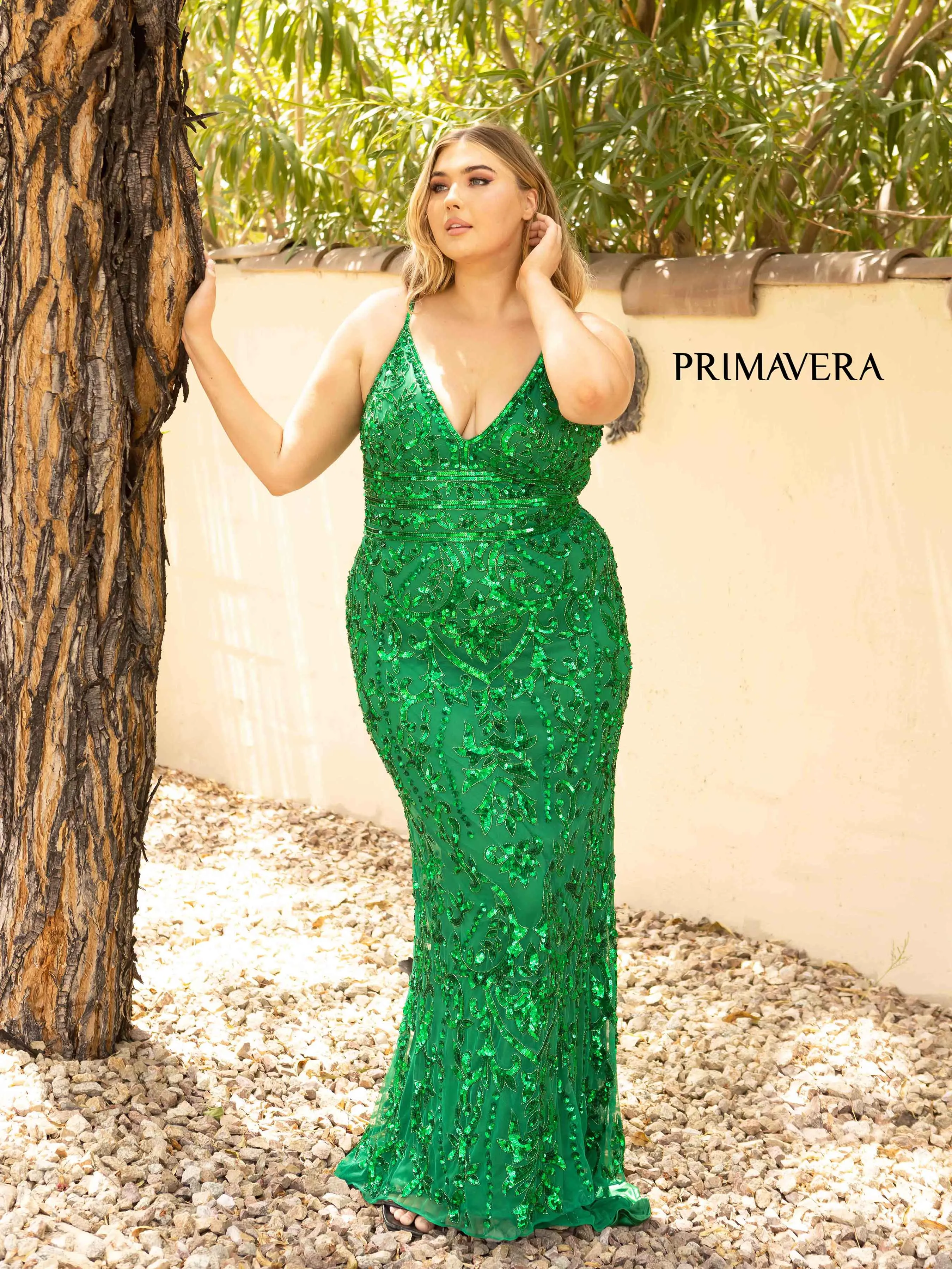 Primavera Couture 14001 Size 16 Mint Long Fitted Sequin Plus Size Sequin Prom Dress V Neck