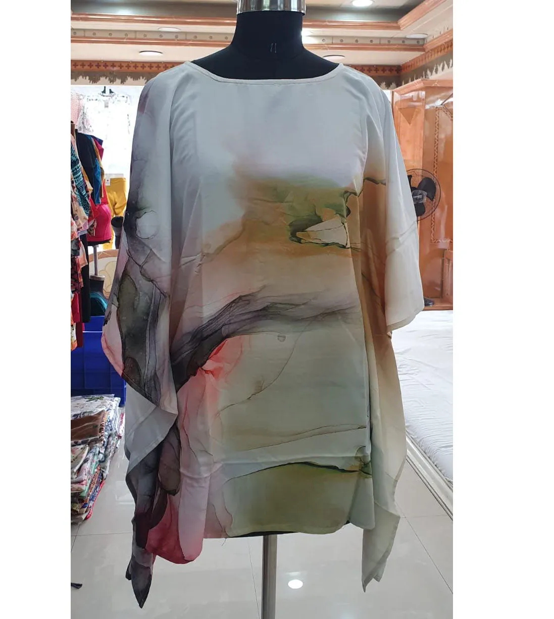 Printed Rayon Off-White Kaftan Tunic tops for Ladies