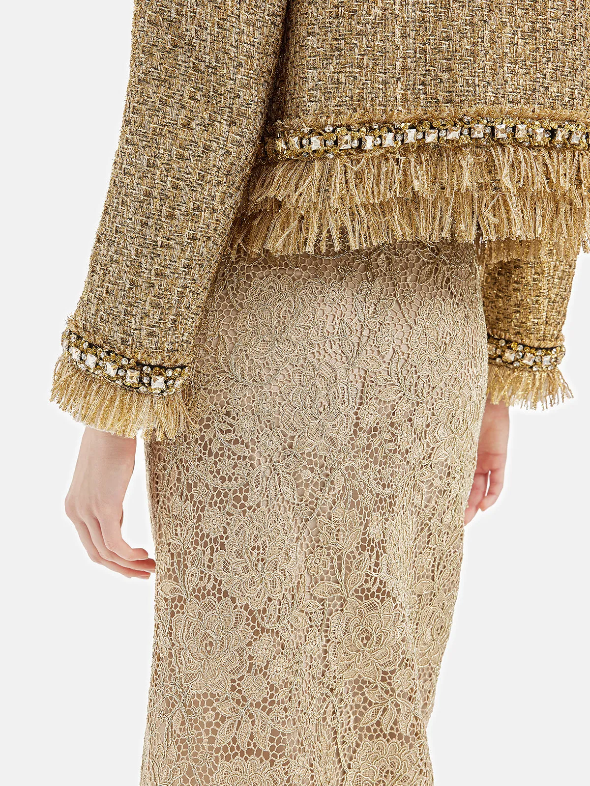 Regal Beaded Gold Tweed Fringe Jacket