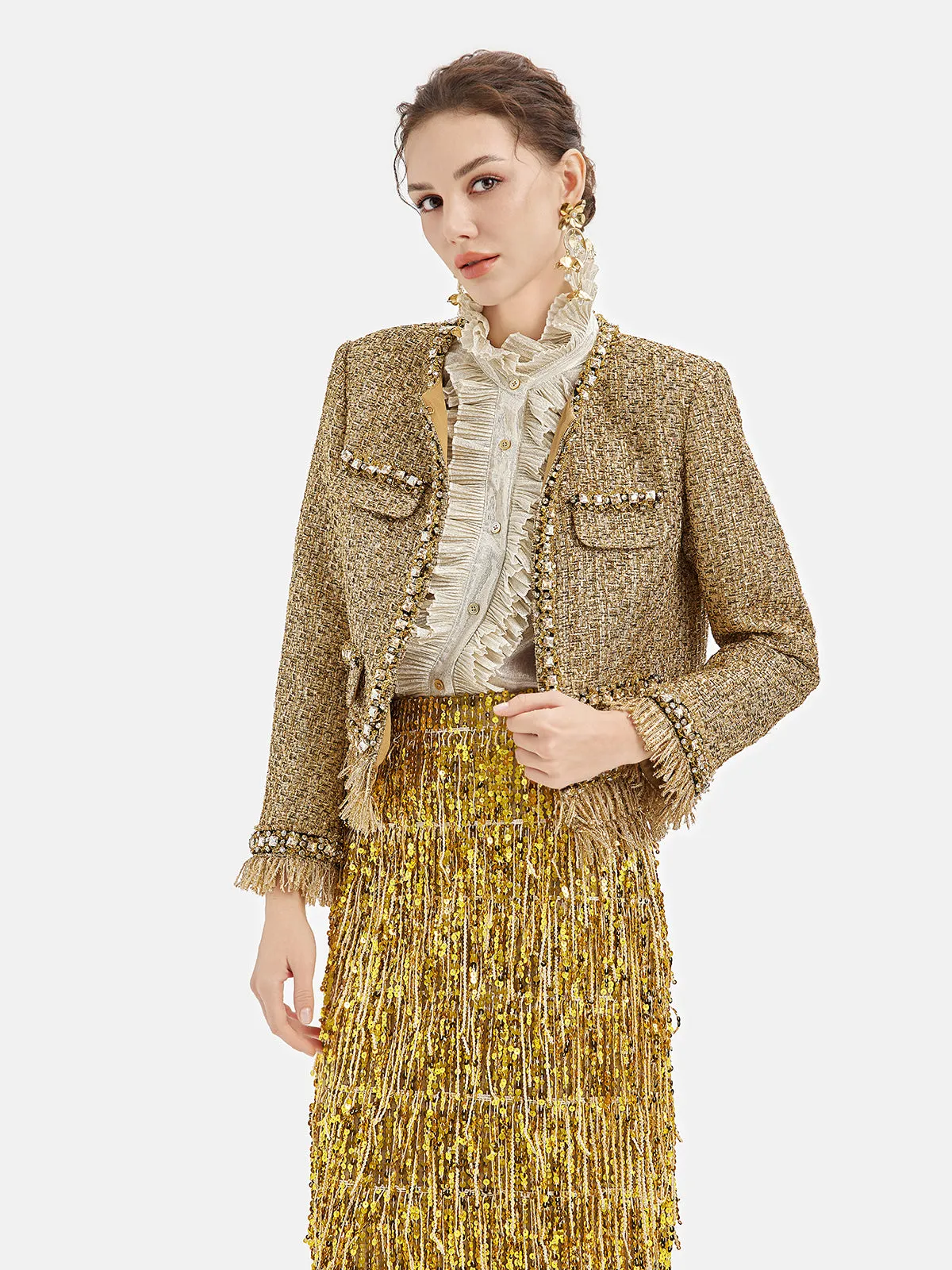 Regal Beaded Gold Tweed Fringe Jacket