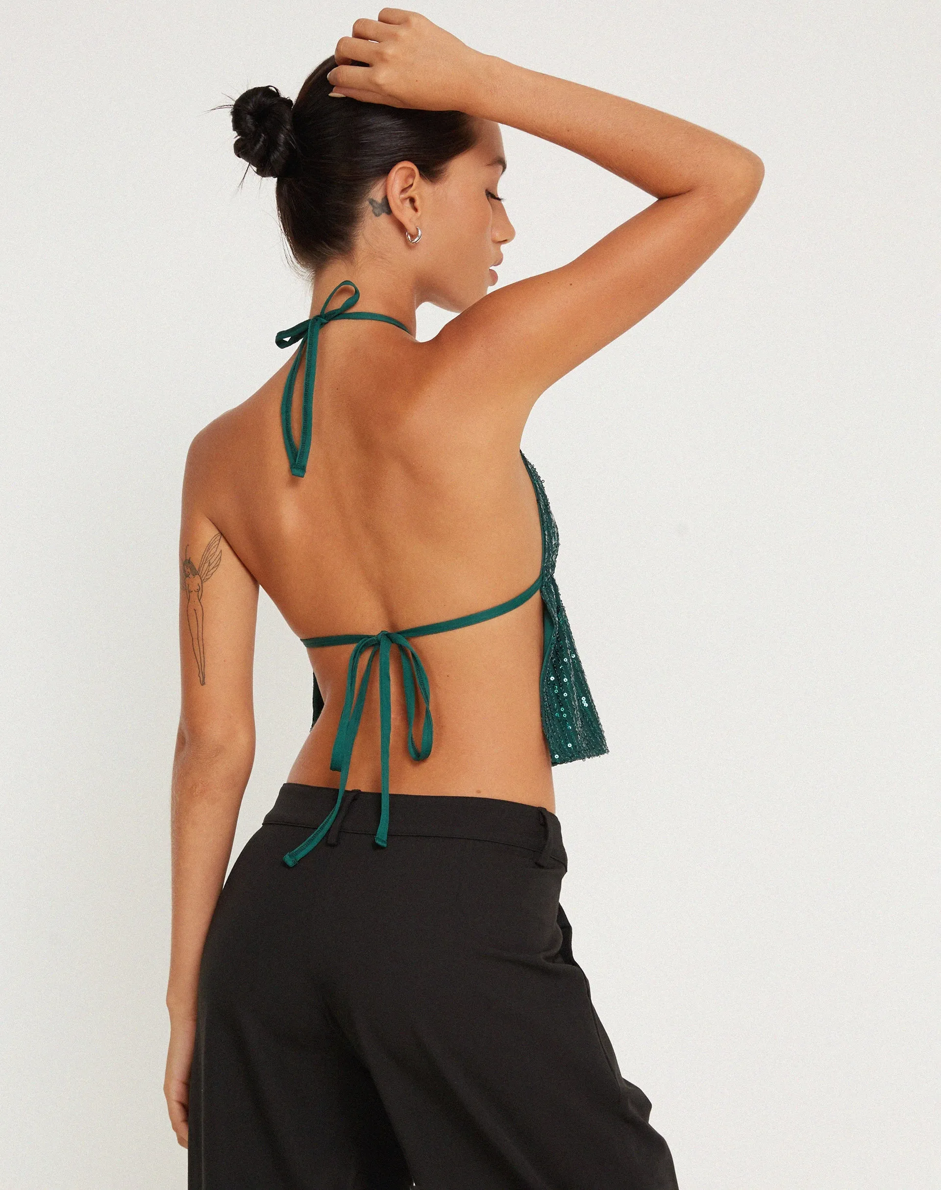 Runita Halter Top in Drape Sequin Forest Green