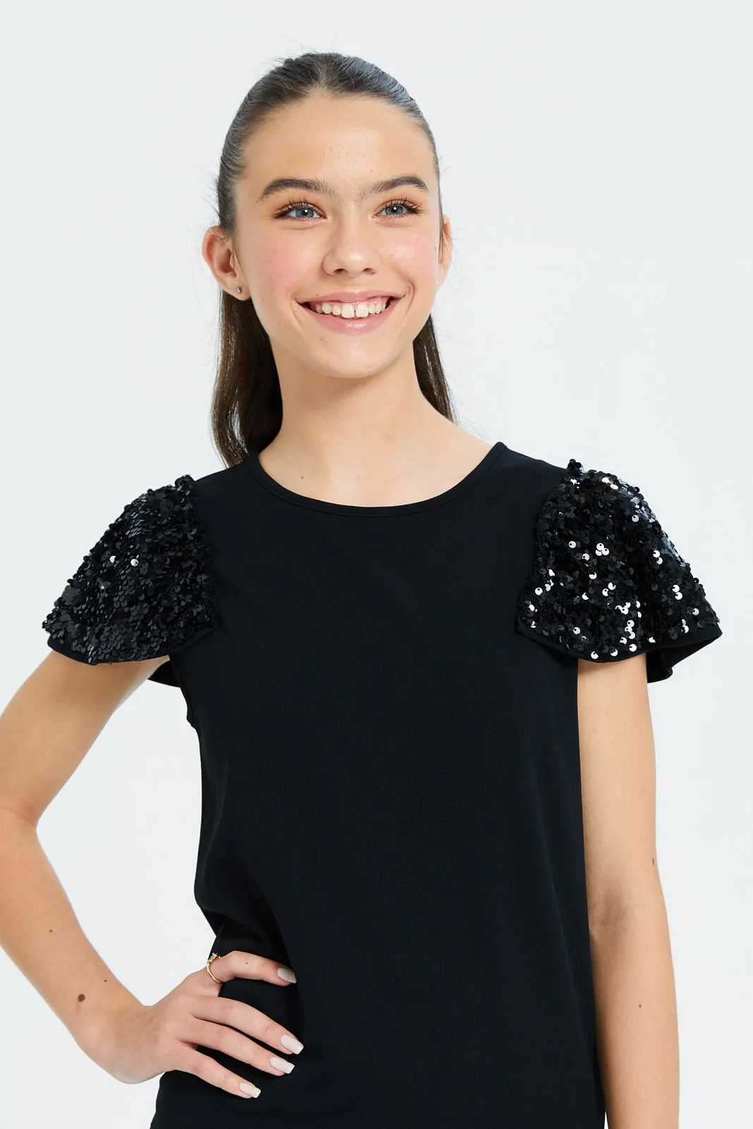 Senior Girls Black Sequins Sleeve Top