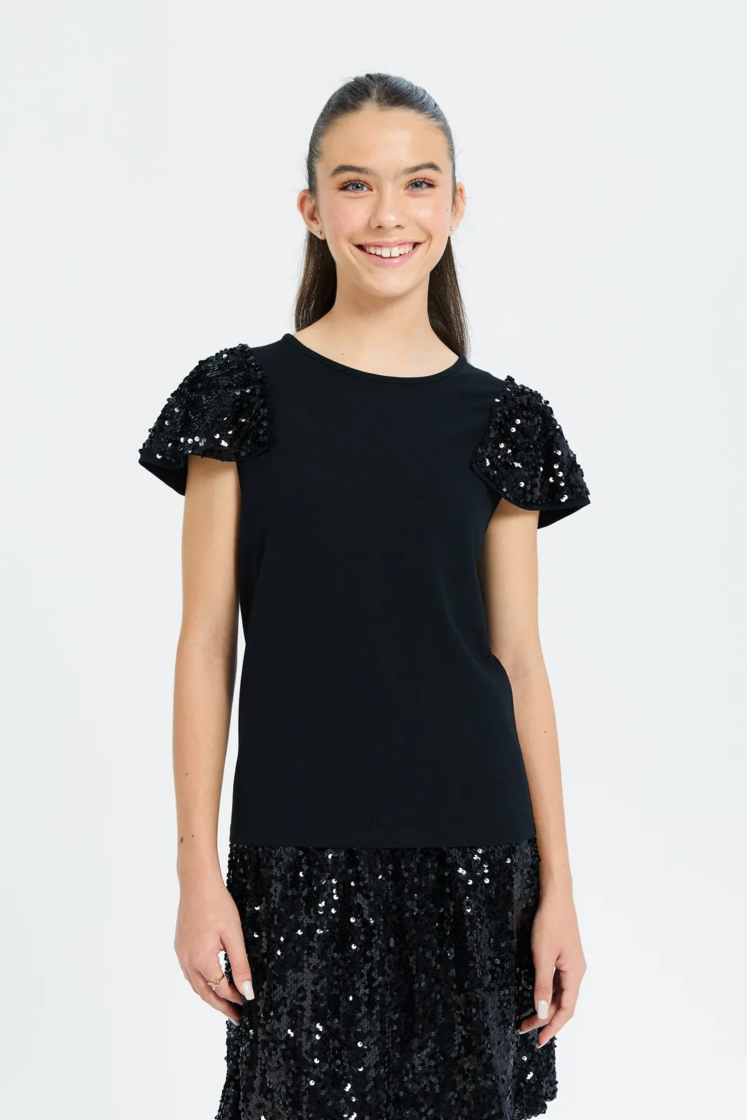 Senior Girls Black Sequins Sleeve Top