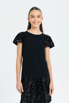 Senior Girls Black Sequins Sleeve Top