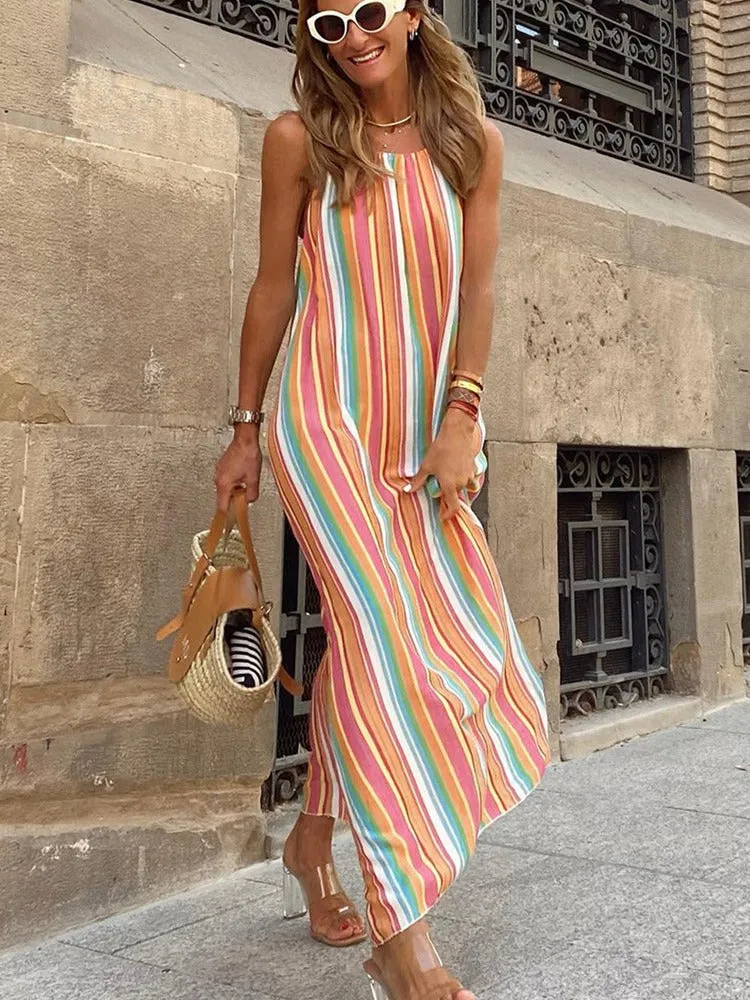 Striped Suspender Bohemian Long Dress