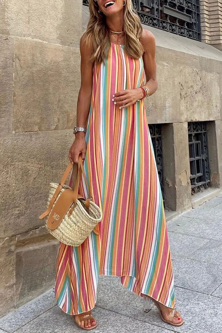 Striped Suspender Bohemian Long Dress