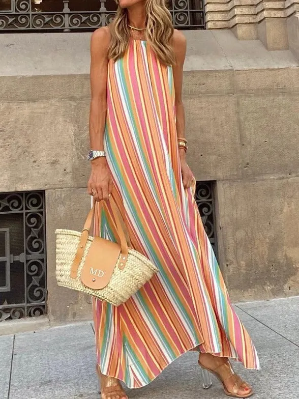 Striped Suspender Bohemian Long Dress