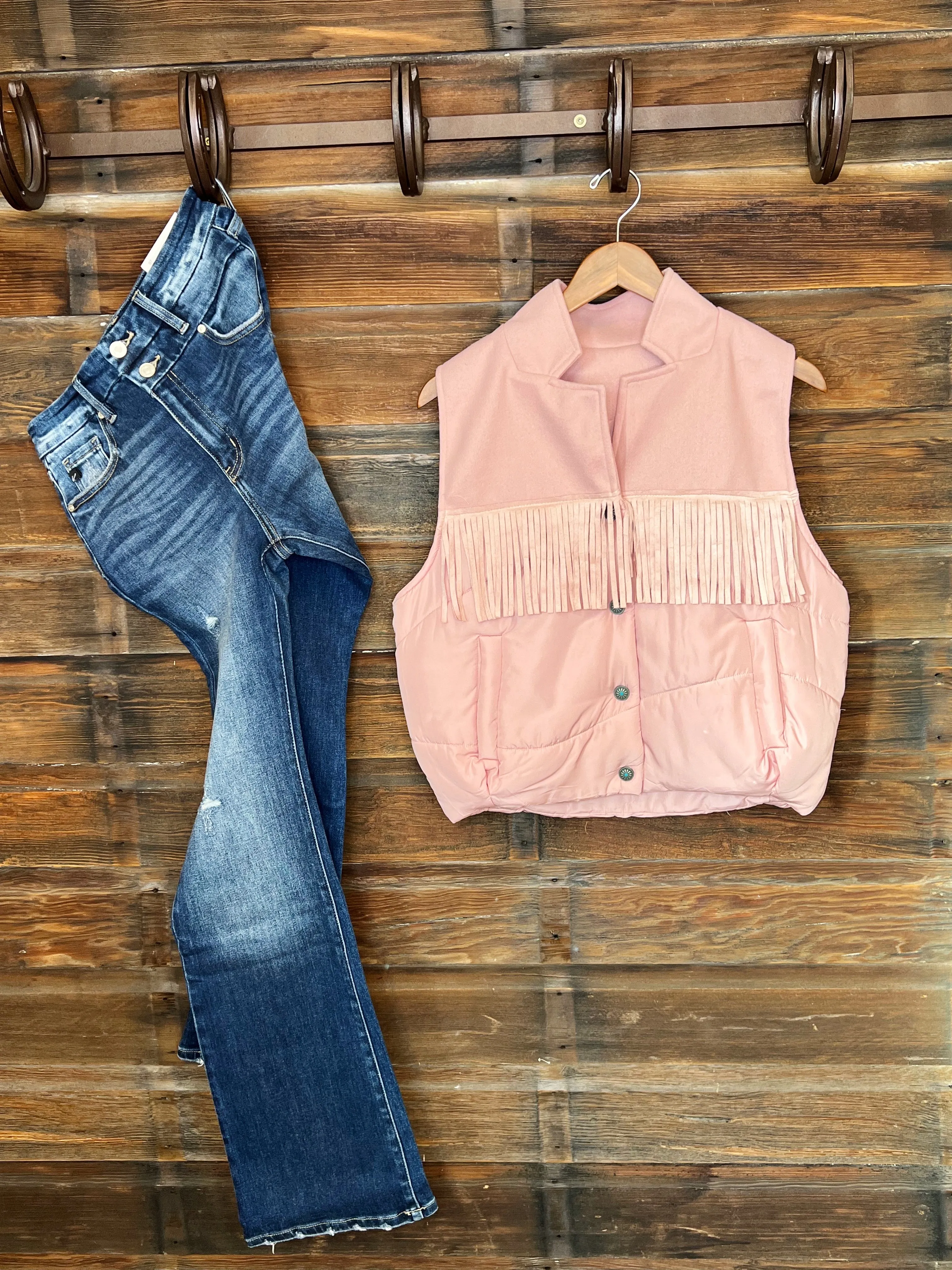 The Stetson Fringe Puff Vest in Blush