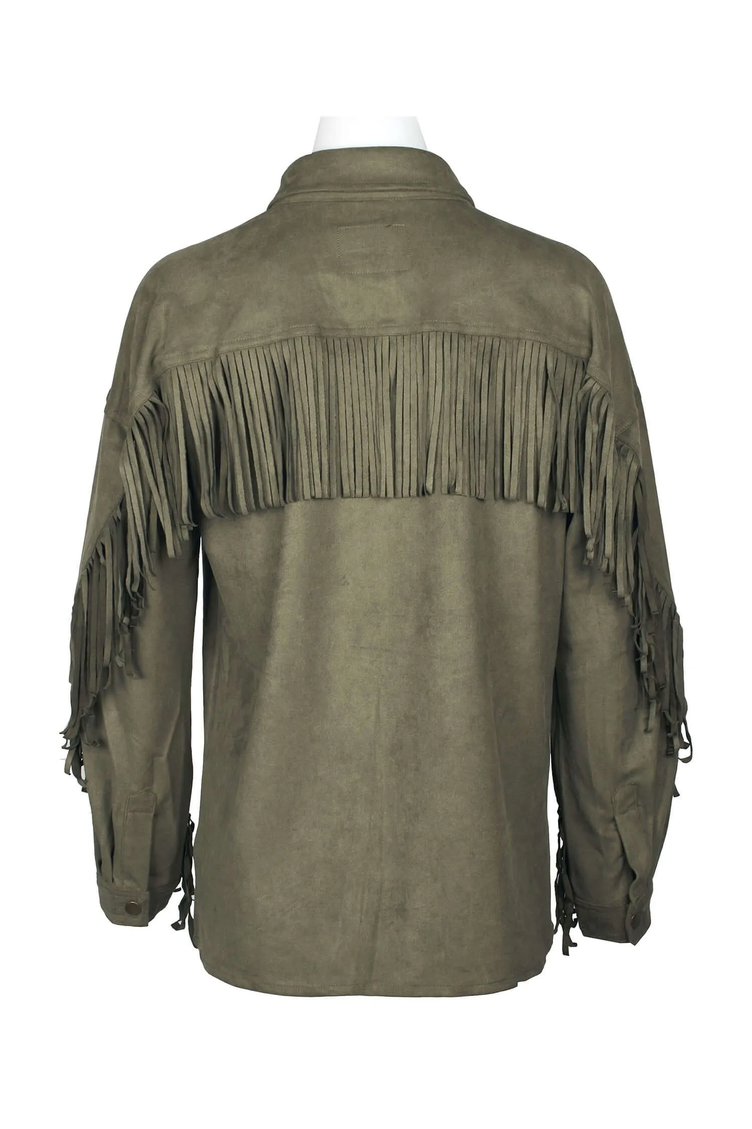 Velvet Heart Collared Snap Button-Up Long Sleeve Fringe Detail Suede Jacket with Pockets