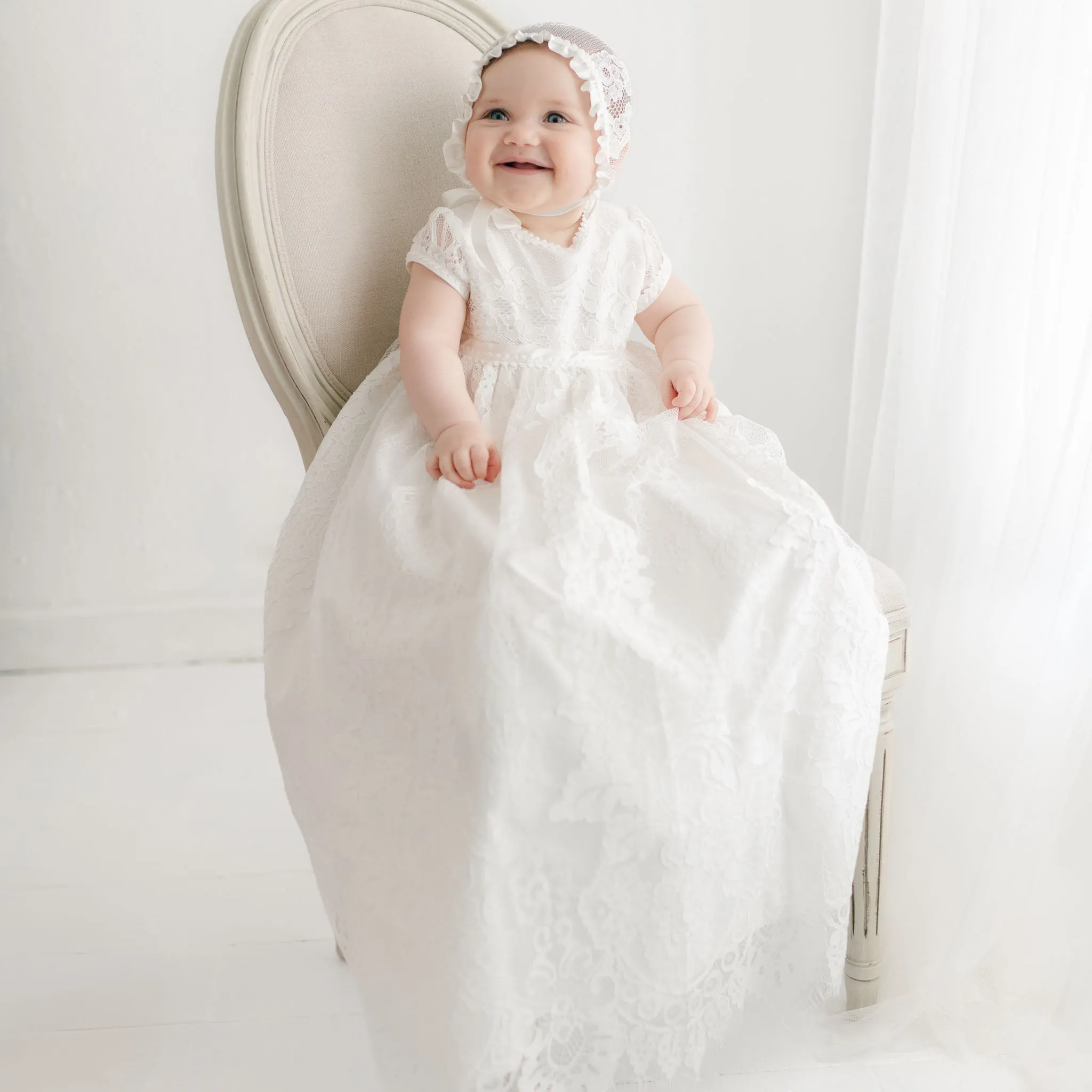 Victoria Puff Sleeve Christening Gown & Bonnet