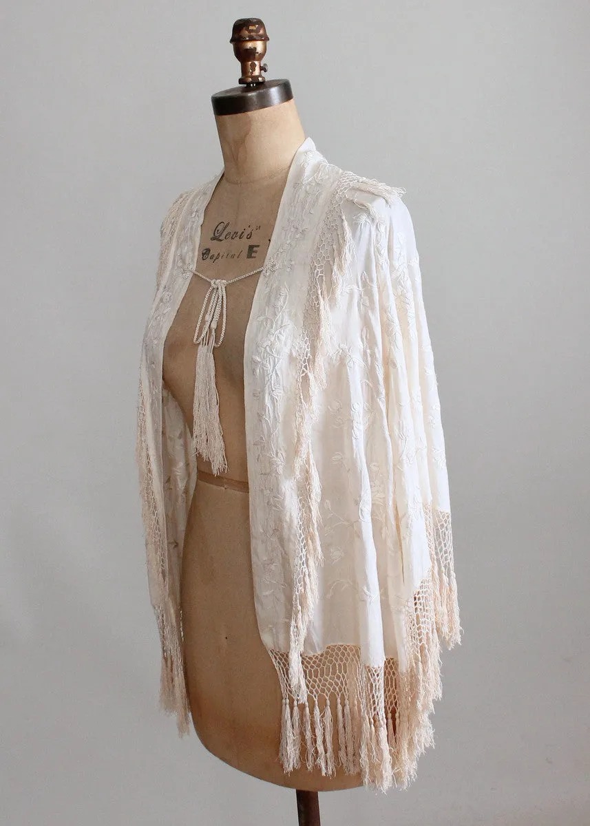 Vintage 1920s Embroidered Fringe Shawl Cape