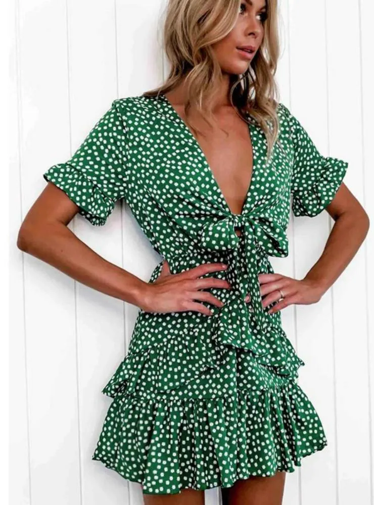 WOMEN POLKA DOT BOHO RUFFLE MINI DRESS KNOT V-NECK DRESSES