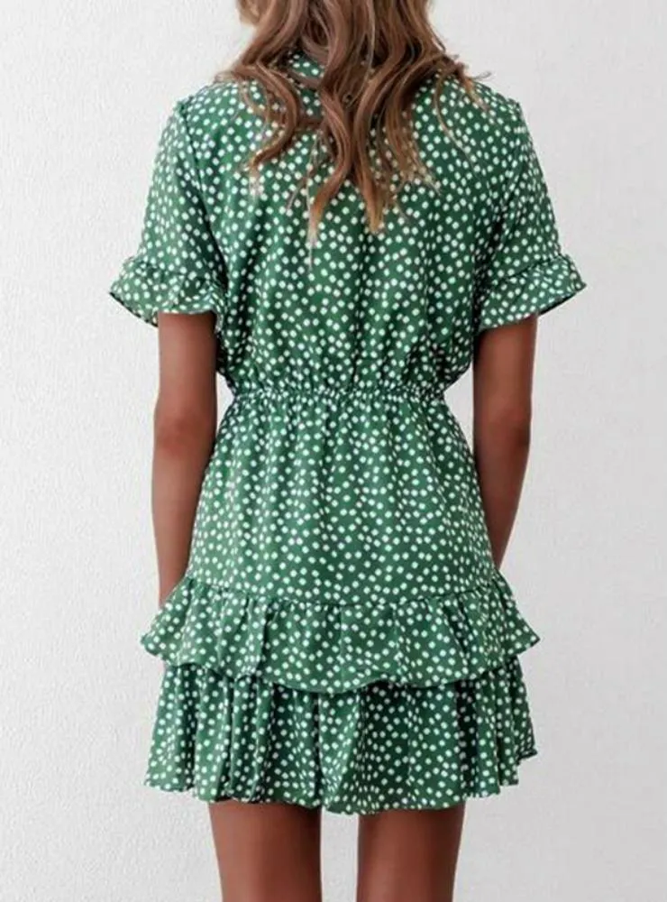 WOMEN POLKA DOT BOHO RUFFLE MINI DRESS KNOT V-NECK DRESSES