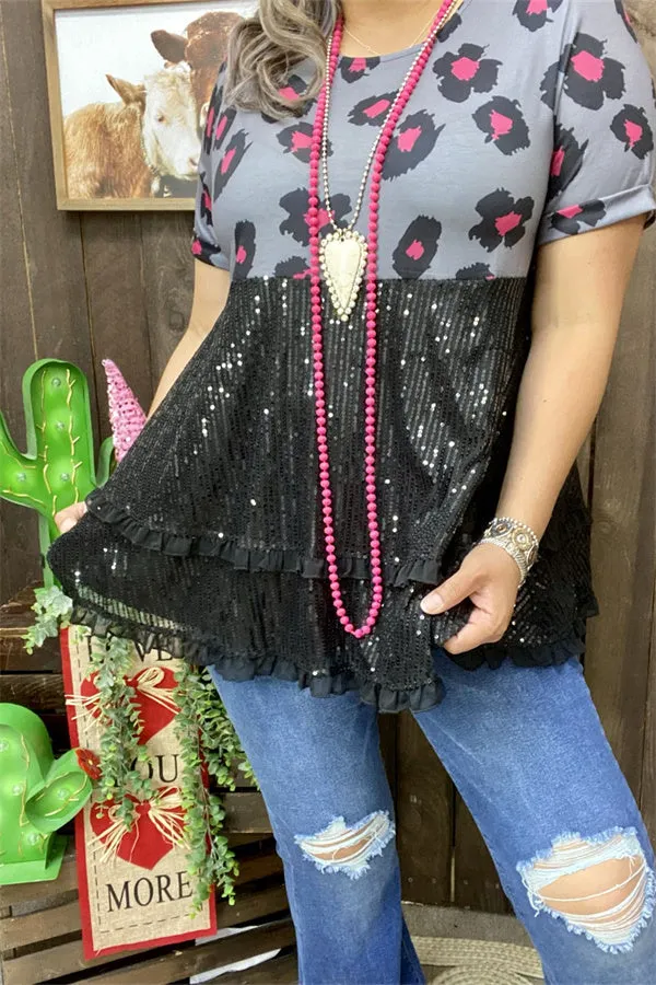 XCH15731 Black/fuchsia leopard printed&black sequin baby doll women tops w/double cuff short sleeve