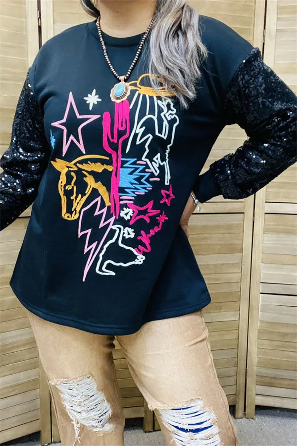 XCH15788 Yellow horse/Fuchsia cactus multi color graphic embroidery long sleeve w/black sequin women tops